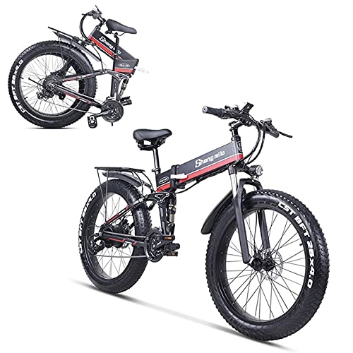 Vélo de montagne électrique pliant : SHENGMILO MX01 Adulte Pliant vélo électrique, 26 * 4.0 Fat Tire Vélo électrique avec Moteur 1000W 48V 12.8AH Batterie, Levier de Vitesses 7 / 21(Rouge, Pas de Batterie de Rechange)