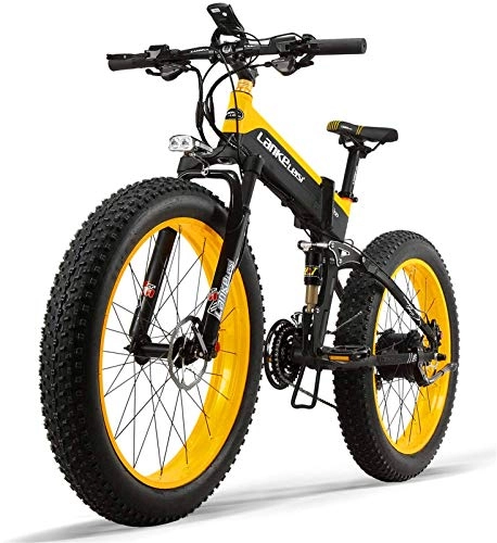 Vélo de montagne électrique pliant : Vélo électrique électrique VTT 48V Electric Vélo de Montagne 26 Pouces Fat Tire E-Bike (Vitesse maximale 40 km / h) Cruiser Hommes Sport Bike Pleine Suspension Batterie au Lithium VTT Dirtbike, Jaune