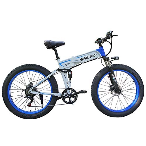 Vélo de montagne électrique pliant : XHJZ Mise à Niveau électrique VTT 350W 26 Pouces e-Bike Fat Tire 7 Vitesses Plage Cruiser Mountain Sports Vélos Tout Suspendus, Batterie Lithium, Bleu