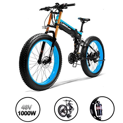 Vélo de montagne électrique pliant : XTD Mise à Niveau 1000W Pliable Fat Tire électrique Bike- 14.5AH / 48V Batterie Au Lithium VTT Dirtbike 27 Vitesses Vélo électrique 26 Pouces E-Bike Sport VTT (Bleu) A