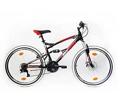Vélo de montagnes : Bikesport PARALLAX Vélo à double suspension en acier 26 pouces roues avant frein à disque Noir rougeShimano 18 vitesses, Homme,