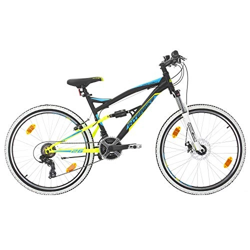 Vélo de montagnes : Bikesport PARALLAX Vélo à double suspension en acier 26 pouces roues avant frein à disque Shimano 18 vitesses, Homme, bleu / noir