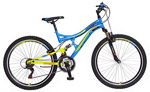 Vélo de montagnes : breluxx® 2019 Vélo de Montagne pour Enfant à Suspension complète Dragon Sport avec 18 Vitesses Shimano Bleu 26"