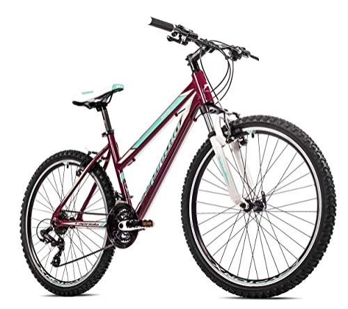 Vélo de montagnes : Breluxx® VTT pour femme 26" avec écran FS en aluminium, bordeaux, turquoise, 21 vitesses Shimano – Fabriqué en UE