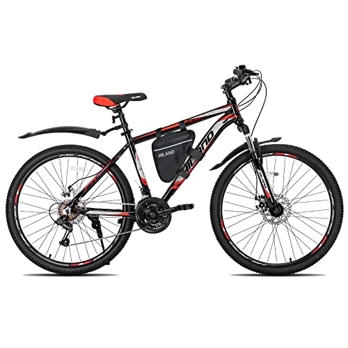 Vélo de montagnes : Hiland VTT VTT 26" avec sacoche de cadre 17" Cadre en aluminium Frein à disque Roues à rayons pour adolescents Vélo Monsieur Femme Vélo monobloc Noir et rouge