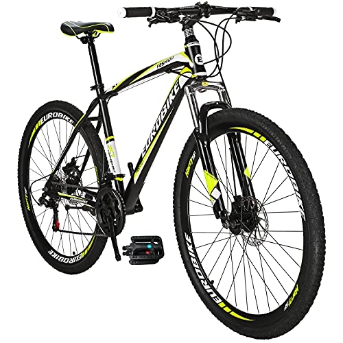 Vélo de montagnes : VTT Eurobike X1 - 21 vitesses - Frein à double disque - Roues 27, 5 pouces - Fourche de suspension de VTT, noir / jaune