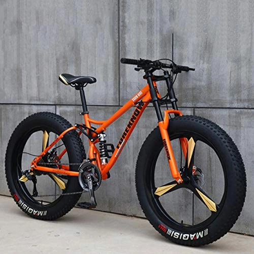 Vélos de montagne Fat Tires : 26 Pouces Fat Tire Mountain Bikes 4.0 Large Tire Dual Disc Brake Bicycle, Cadre en Acier à Haute teneur en Carbone, vélos antidérapants, Orange, 21 Speed