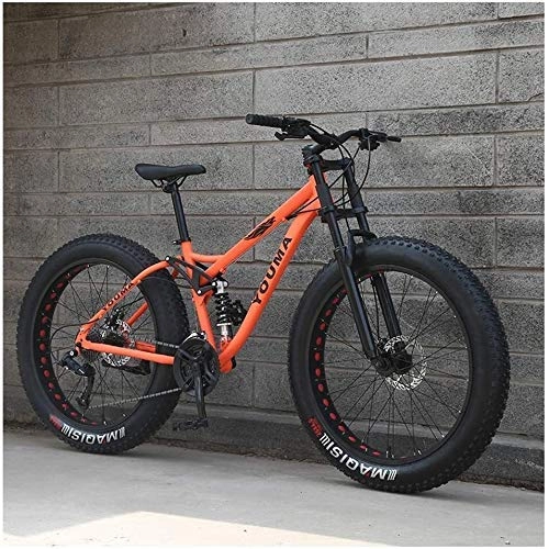 Vélos de montagne Fat Tires : AYHa 26 pouces VTT, Adulte Garçons Filles Fat Tire Mountain Trail Bike, double frein à disque vélo en acier haute teneur en carbone Vélos antidérapants, Orange, 21 Vitesse