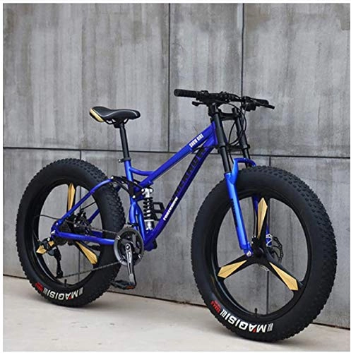 Vélos de montagne Fat Tires : Gnohnay Vélos de Montagne, vélo de Montagne Semi-Rigide Fat Tire de 26 Pouces, Cadre à Double Suspension et Fourche à Suspension VTT Tout-Terrain, Blue 3 Spoke, 21 Speed