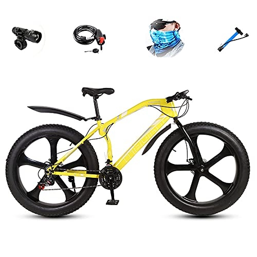 Vélos de montagne Fat Tires : VTT Fat Bike, Cycling 26 inch for Young Adult Mountain Bike 21 Speed ​​Carbon Steel Cycling Frame, 4.0-inch Snow Tires Double Disk Brakes-Jaune