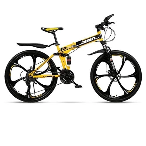 Vélos de montagne pliant : Dsrgwe VTT, Pliable VTT, Vélos hardtails, Double Frein à Disque et Suspension Double, Cadre en Acier au Carbone (Color : Yellow, Size : 21-Speed)