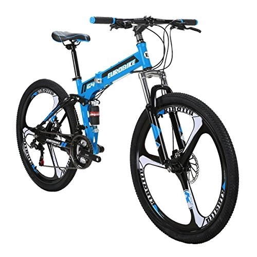 Vélos de montagne pliant : Eurobike vélo Pliant G4 21 Vitesses vélo de Montagne 26 Pouces Roues à 3 Rayons VTT Double Suspension vélo (Blue)