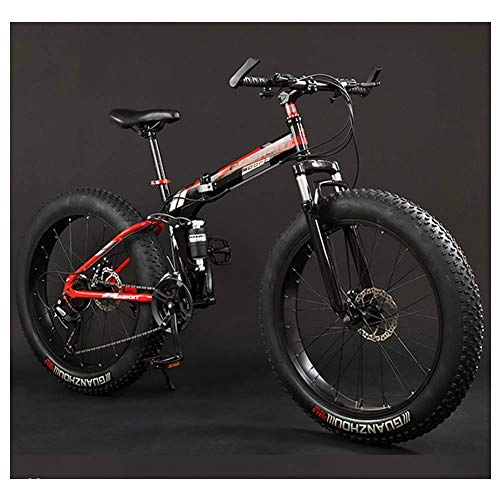 Vélos de montagne pliant : FANG Adulte Vélo VTT, Pliable VTT à Gros Pneus, Fat Bike VTT Double Suspension, Cadre en Acier À Haute Teneur en Carbone, 24" Red, 7 Speed