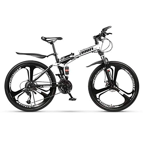 Vélos de montagne pliant : FMOPQ Folding Mountain Bike 27 Speed Dual Suspension Bicycle 26 inch MTB Mens Dual Disc Brakes (Color : Black) (White)