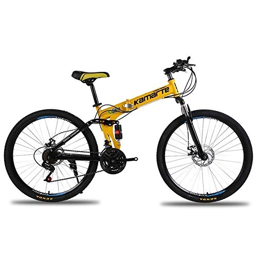 Vélos de montagne pliant : HAOSHUAI Vélo de montagne pliant à frein à disque de 66 cm, vitesse variable, 21 vitesses, amortisseur de roue intégré, vélo d'étudiant, capacité de charge 200 kg (couleur : bleu) (couleur : jaune)