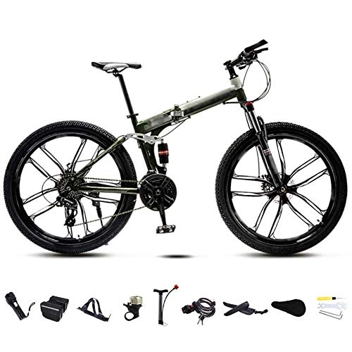 Vélos de montagne pliant : HAOSHUAI Vélo VTT 24-26 pouces, unisexe, pliable, 30 vitesses, vélo tout-terrain à vitesse variable pour homme et femme, double frein à disque / vert / roue C / 61 cm
