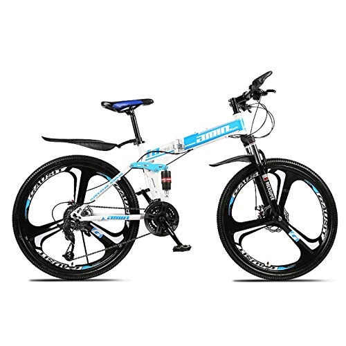 Vélos de montagne pliant : LHQ-HQ Vélo De Montagne 26 Pouces Vélo Pliant en Acier À Haute Teneur en Carbone 27 Vitesses Trois Couteaux À Roues Intégrées Vélos pour Adultes Adolescents, Bleu