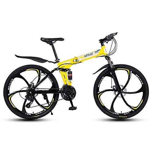 Vélos de montagne pliant : LQRYJDZ Folding Mountain Bike 26 Pouces, Unisexe, Avant + arrire Garde-Boue, 21 Vitesses Roues motrices Terrain VTT avec Double Disque de Frein (Color : Yellow)