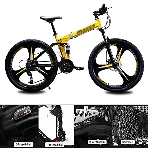Vélos de montagne pliant : NXX Pliable VTT 24 Pouces, avec 3 vélos Cutter Roue Adulte Terrain VTT Siège réglable, Jaune, 21 Speed