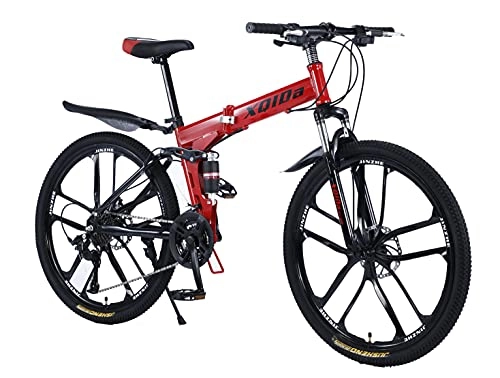Vélos de montagne pliant : VTT pour adultes - Pliable - 26 pouces - Double absorption des chocs - Frein à disque avant et arrière - Dérailleur 27 vitesses pour vélo en plein air / rouge