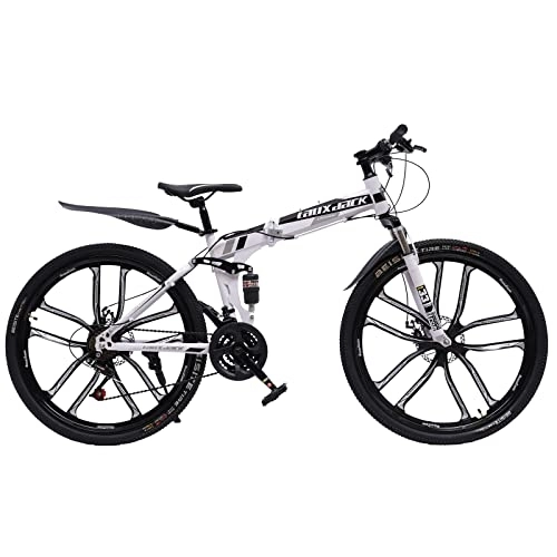 Vélos de montagne pliant : Vélo de montagne pliable 26" - 21 vitesses - Avec double cadre d'amortissement des chocs - Vélo de frein à disque, vélos à ressort, pour hommes et femmes (noir)