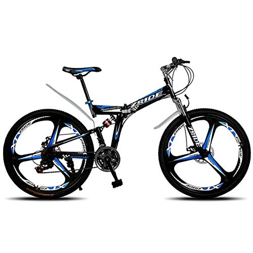 Vélos de montagne pliant : WND Mountain Bike Speed   Folding Double Disc Brake Bicycle   Adapté aux Adultes, Noir Bleu, 24 Vitesses