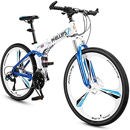 Vélos de montagne pliant : WXX 26 Pouces Adultes Hardtail Mountain Bike 24 / 27 Vitesses Pliant Outroad vlo Suspension Portable Double Bike Racing, Bleu, 27 Speed