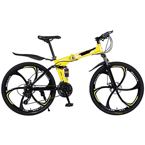 Vélos de montagne pliant : WXXMZY Vélo De Montagne 21 / 24 / 27 Vitesse Cadre en Acier 26 Pouces 6 Rayons Roue Double Suspension Vélo Pliant Vélo De Montagne Adulte (Color : Yellow, Speed : 21speed)