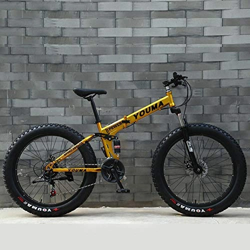 Vélos de montagne pliant : WYN Wide Tire Folding Bike Snow Mountain Bicycle 20 / 24 / 26 inch Speed Adult Student Men and Women, Gold, 24 inch 21 Speed