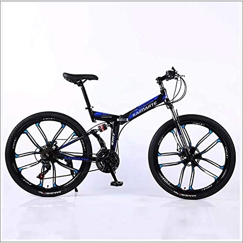 Vélos de montagne pliant : XER VTT 24 en acier à haute vitesse au carbone de 24 pouces de 10 rayons de roues doubles suspension du vélo pliable pour le voyageur de la ville, bleu, 27 vitesses