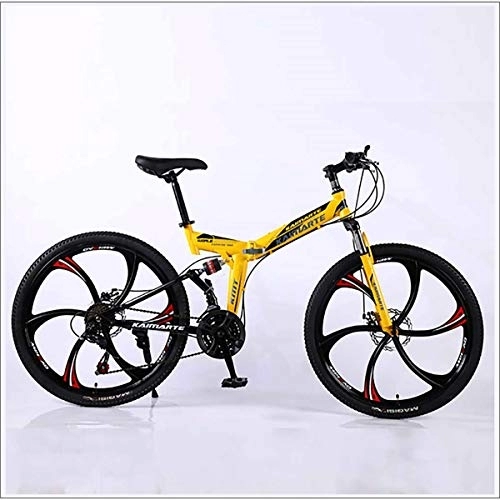 Vélos de montagne pliant : XER VTT pliable - Double levage, 27 vitesses - 26 pouces - 6 vitesses - En acier carbone - Frein à disque - Jaune - 27 vitesses