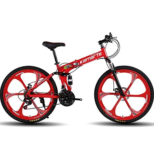Vélos de montagne pliant : ZRZJBX Vélo Unisexe Complet Antichoc Cadre Vélo De Route Pliant VTT Vélos Avant Et Arrière Vélo De Frein à Disque Mécanique, 24”Red-21speed