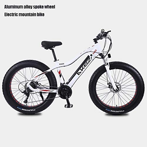 Vélos de montagne électriques : Adulte Fat Tire lectrique VTT, 27 Vitesses Vlos Neige, Portable 10Ah Plage Li-Batterie Cruiser de vlos, Cadre en Alliage d'aluminium lger, 26 Pouces Roues, Blanc, B