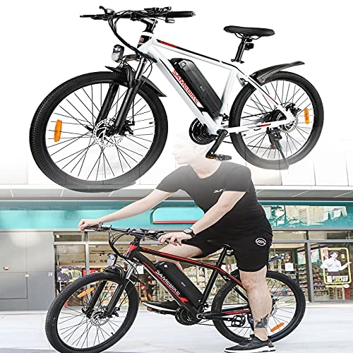 Vélos de montagne électriques : SUNWEII Vélo électrique Ebike VTT, 26"Pedelec avec 36V / 10Ah pour Hommes et Femmes, Moteur 350W, Compteur LCD Shimano 21 Vitesses Ebike, White