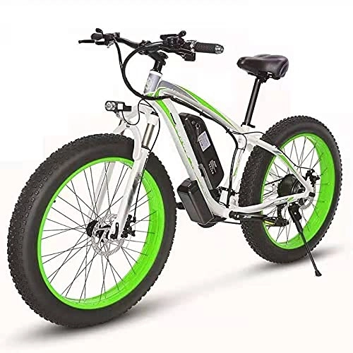 Vélos de montagne électriques : Vélo Électrique, 26 " E-bike à gros pneus pour adultes, Freins à disque avant et arrière, Batterie au lithium 48V 10Ah, Ebike de montagne 21 vitesses, Ebike tout terrain de ski de fond, White green