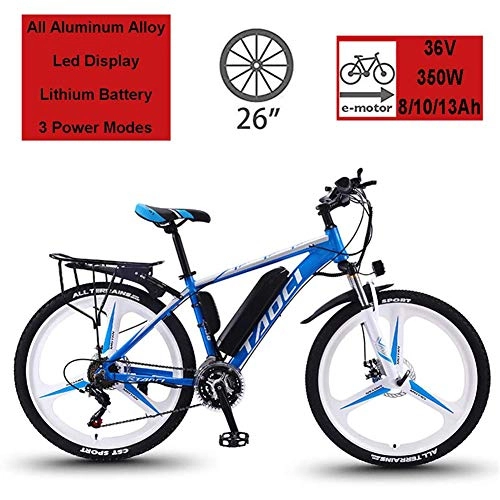 Vélos de montagne électriques : Vélos électriques pour adultes, vélos électriques en alliage magnésium, vélos tout terrain, 26 "36V 350W batterie lithium-ion amovible Mountain Ebike, pour les voyages à vélo en plein air, Bleu, 13Ah