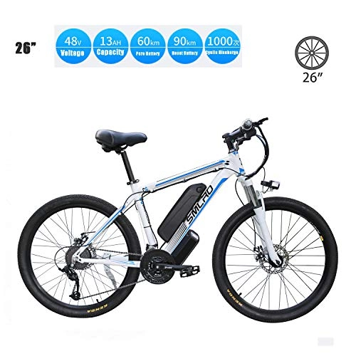 Vélos de montagne électriques : YMhome Vélo électrique, 26" Electric City Ebike vélo avec 350W brushless arrière Moteur pour Adultes, 36V / 13Ah Amovible Batterie au Lithium, White Blue