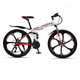 HJRBM Mountain Bike pieghevoles 21 velocità mountain bike， bicicletta da montagna per adulti， bici pieghevole in acciaio al carbonio， doppio freno a disco， bici a 6 coltelli con ruote (colore: bianco rosso， dimensioni: 26 pollici) f