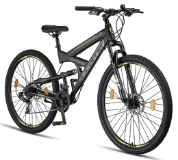 Licorne Bike Mountain Bike Licorne Bike Strong 2D Premium Mountain Bike Bicicletta per ragazzi, ragazze, donne e uomini – Freno a disco anteriore e posteriore – 21 marce – Sospensione completa (nero / lime, 29.00)