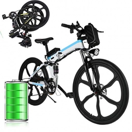 Eloklem Bicicleta de montaña eléctrica plegables Bicicleta eléctrica de montaña de 26 pulgadas, para hombre y mujer, adultos, con batería extraíble de 250 W, 36 V / 8 Ah, bicicleta eléctrica, hasta 32 km / h, profesional a 21 velocidades (blanco y azul)