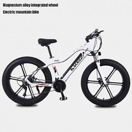 Alqn Bike Alqn Adult Fat Tire Electric Mountain Bike, Snow Bikes, Portable 10Ah Li-Battery Beach 27 Speed Cruiser Bicycle, Lightweight Aluminum Alloy Frame, 26 inch Wheels, White, A