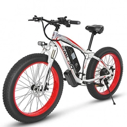 JUYUN Electric Mountain Bike JUYUN 26" Electric Mountain Bike, Rear Hub Brushless 350W Motor, Removable 48V15Ah Lithium Battery, Professional 21 Speed Beach Snow E-Bike, Dual Disc Brakes, White Red