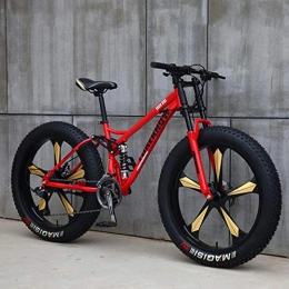 DelongKe Fat Tyre Mountain Bike DelongKe Mountain Bike Adult, Fat Tire Mountain Bike Mens, 26 Inch Adult Snow Bike, Double Disc Brake Cruiser Bikes, Beach Bicycle, 4.0 Wide Wheels, 27 Variable Speed, Red, Five cutter wheel