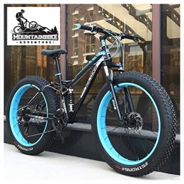 NENGGE Fat Tyre Mountain Bike NENGGE Dual-Suspension Mountain Bikes with Dual Disc Brake for Adults Men Women, All Terrain Anti-Slip Fat Tire Mountain Bicycle, High-carbon Steel Mountain Trail Bike, Blue, 24 Inch 21 Speed