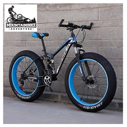 NENGGE Fat Tyre Mountain Bike NENGGE Full Suspension Mountain Bikes with Dual Disc Brake for Adults Men Women, High-Carbon Steel Fat Tire Mountain Trail Bike All Terrain Mountain Bicycle, Blue 1, 24 Inch 7 Speed