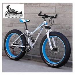 NENGGE Fat Tyre Mountain Bike NENGGE Full Suspension Mountain Bikes with Dual Disc Brake for Adults Men Women, High-Carbon Steel Fat Tire Mountain Trail Bike All Terrain Mountain Bicycle, Blue 2, 24 Inch 21 Speed