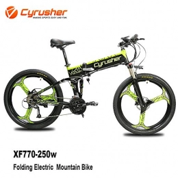 Cyrusher Folding Electric Mountain Bike Cyrusher XF770 Mans Folding Electric Bike 17 X 26 inch Mountain Bike Full Suspension 250 Watt 48V 27 Speeds with Power Off Anti-Slip Mechanical Disc Brake and Smart Bike Computer (Green)