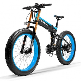 LANG TU Folding Electric Mountain Bike Electric Strong Snow Bike, Big Size Fat Wheel, Dual Hydraulic Disc Brake & Suspension, Large Li-ion Battery (Blue, Downhill Fork, 1000W, 48V 14.5Ah Plus 1 Extra Battery)