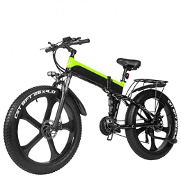 HMEI Folding Electric Mountain Bike HMEI Folding 1000W Electric Bike For Adults 26" Fat Tire 25 Mph, Removable Lithium Battery Mountain Double Shock Foldable Ebike (Color : Green, Size : 48V 12.8Ah Battery)