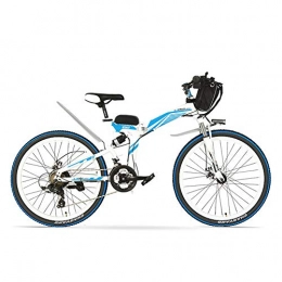 LANKELEISI Folding Electric Mountain Bike LANKELEISI K660 26 Inch Powerful Folding Electric Bicycle, 21 Speed Mountain Bike, 48V 500W Motor, Full Suspension, Front and Rear Disc Brake (White Blue)